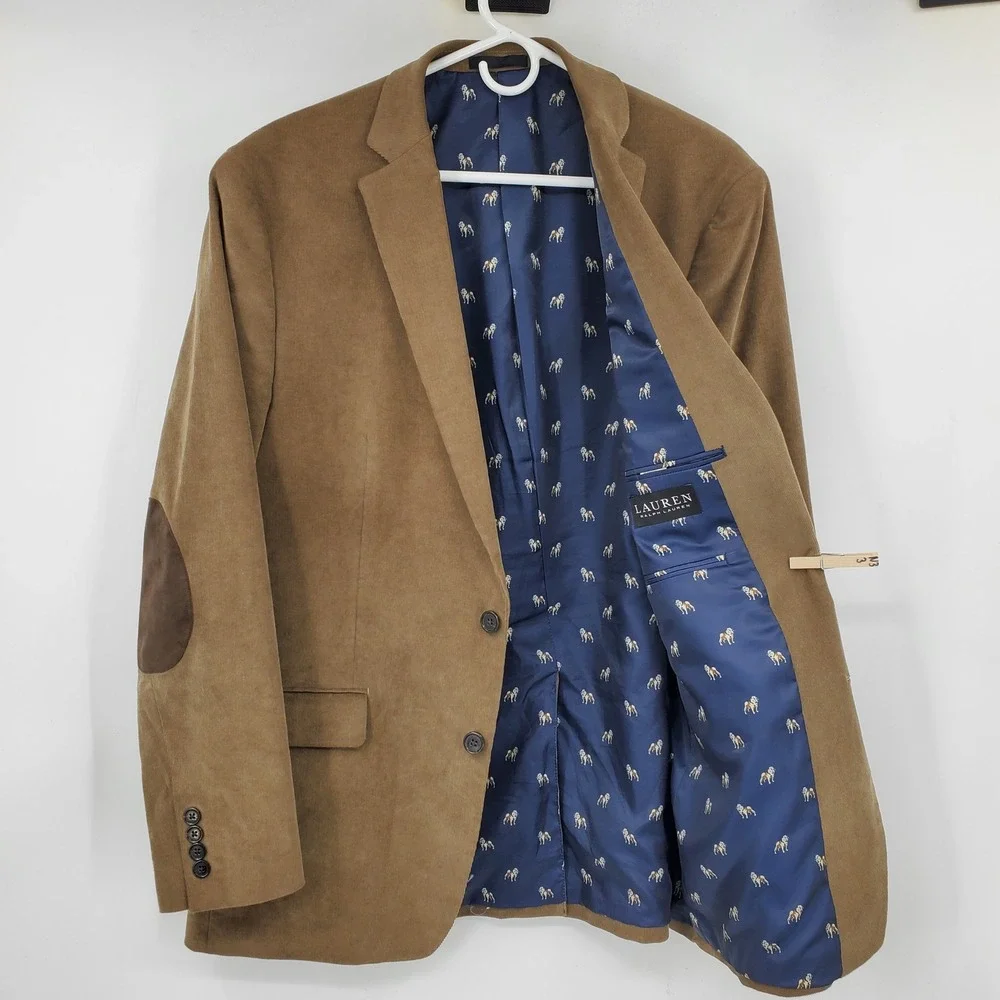 Lauren Ralph Lauren 44L Corduroy Blazer Tan Brown Elbow Patches Bulldog Lining
